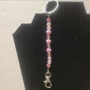 Silver, Pink, and Clear Bead and Pink Disk Key Chain
